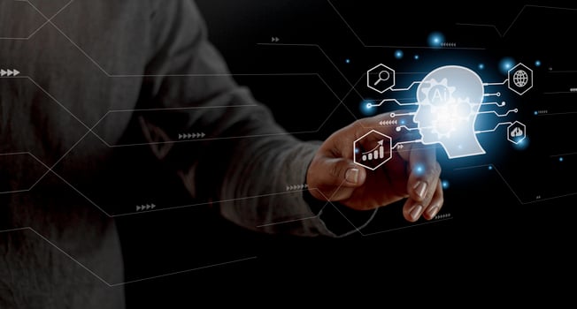 Businessman using light bulbs icon intelligence Ai. Chat bot with AI Artificial Intelligence, Futuristic technology, robot in online system. photo