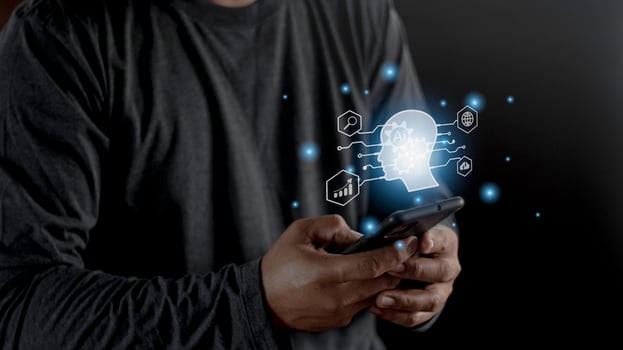 Businessman using light bulbs icon intelligence Ai. Chat bot with AI Artificial Intelligence, Futuristic technology, robot in online system. photo