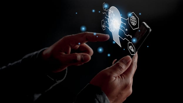Businessman using light bulbs icon intelligence Ai. Chat bot with AI Artificial Intelligence, Futuristic technology, robot in online system. photo