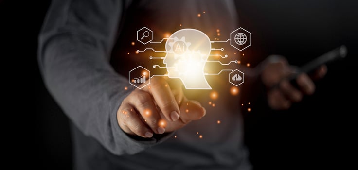 Businessman using light bulbs icon intelligence Ai. Chat bot with AI Artificial Intelligence, Futuristic technology, robot in online system. photo