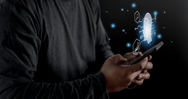 Businessman using light bulbs icon intelligence Ai. Chat bot with AI Artificial Intelligence, Futuristic technology, robot in online system. photo