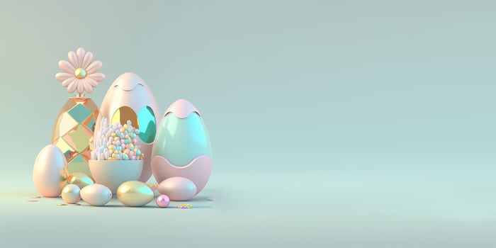 Easter Celebration Background Greeting Card with 3D Eggs and Flowers for Promotion photo