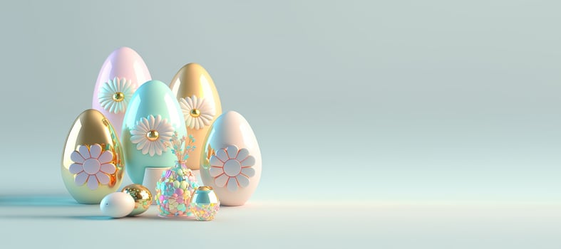 Easter Celebration Background Greeting Card with 3D Render Eggs and Flowers photo