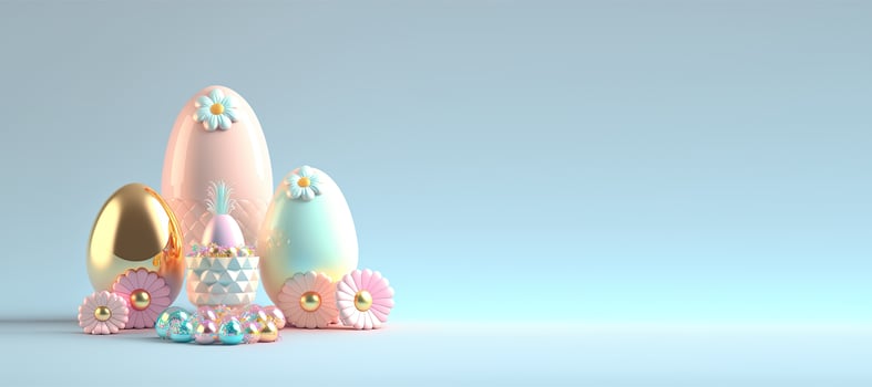 Easter Background Banner with 3D Render Eggs and Flowers with Copy Space photo