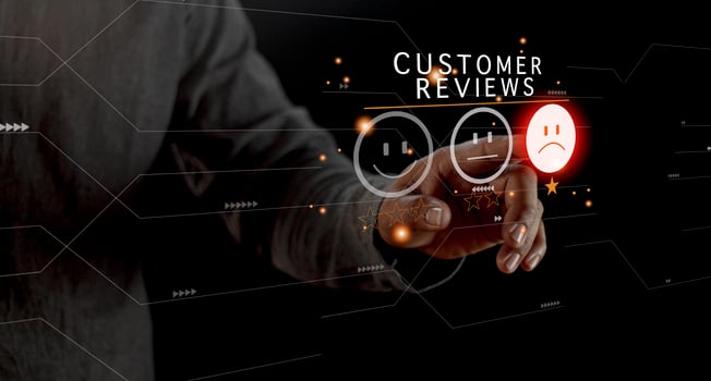 Customer Experience dissatisfied Concept, Unhappy Businessman Client with Sadness Emotion Face on smartphone screen, Bad review, bad service dislike bad quality, low rating, social media not good. photo