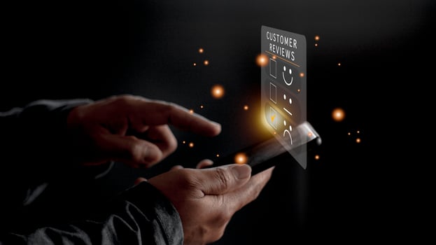 Customer Experience dissatisfied Concept, Unhappy Businessman Client with Sadness Emotion Face on smartphone screen, Bad review, bad service dislike bad quality, low rating, social media not good. photo