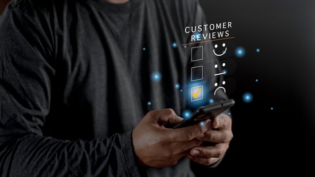 Customer Experience dissatisfied Concept, Unhappy Businessman Client with Sadness Emotion Face on smartphone screen, Bad review, bad service dislike bad quality, low rating, social media not good. photo