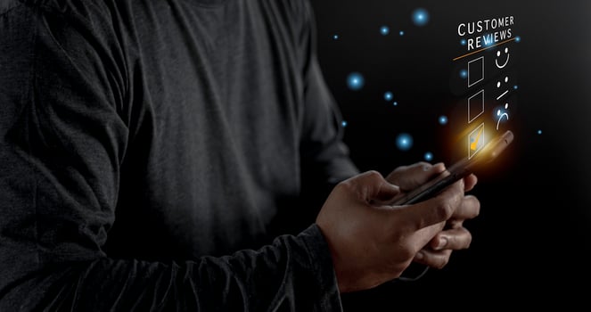 Customer Experience dissatisfied Concept, Unhappy Businessman Client with Sadness Emotion Face on smartphone screen, Bad review, bad service dislike bad quality, low rating, social media not good. photo