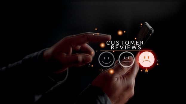 Customer Experience dissatisfied Concept, Unhappy Businessman Client with Sadness Emotion Face on smartphone screen, Bad review, bad service dislike bad quality, low rating, social media not good. photo