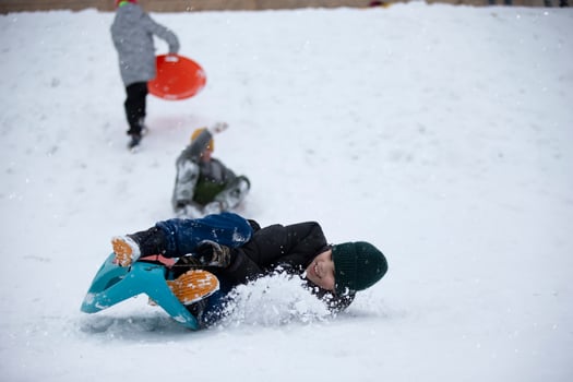 Children in winter. Boys friends are sledding. photo