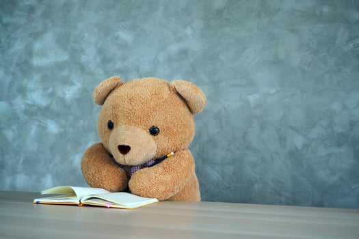 Teddy bear holding a pencil reading a book. Exam preparation for children. The intention of the child. photo