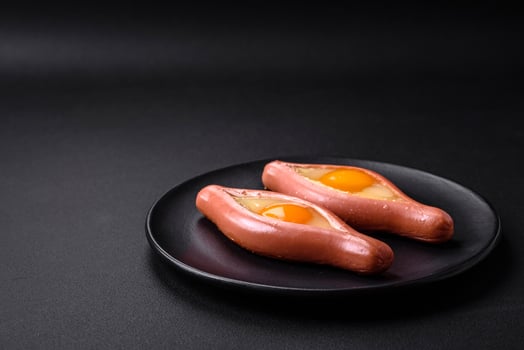 Composite concept of fried eggs inside a cut sausage with spices photo