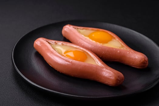 Composite concept of fried eggs inside a cut sausage with spices photo