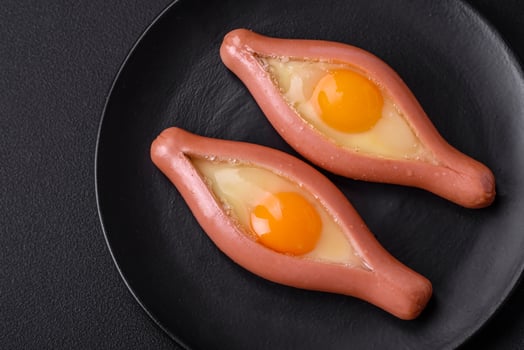 Composite concept of fried eggs inside a cut sausage with spices photo