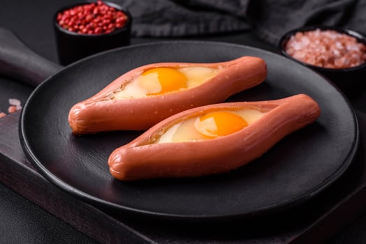 Composite concept of fried eggs inside a cut sausage with spices photo