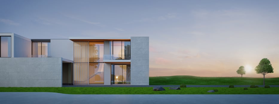 Luxury modern house on grass with sunset background,Concept for real estate or property.3d rendering photo