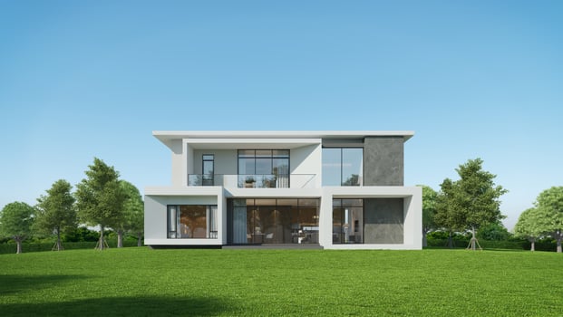 Modern house exterior day light with lawn grass.3d rendering photo