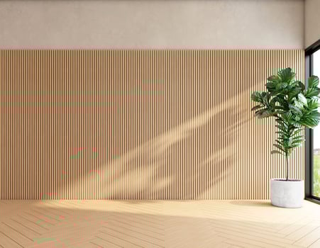 Japan style empty room with wood pattern wall and indoor green plants. 3d rendering photo