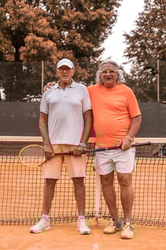 portrait of two senior tennis players dressed in sportswear relaxing at the end of the game on a clay tennis court photo