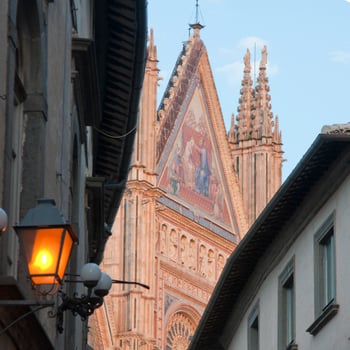 Beautiful view of Orvieto Cathedral with a sunset light photo
