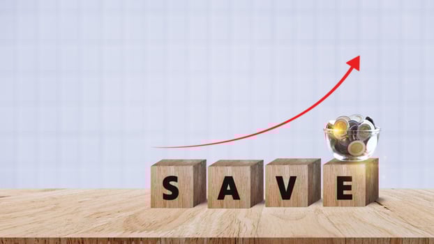 Wooden blocks with words save money Coins for investment loan planned future concept. saving, charity, family finance plan concept, fundraising, superannuation, financial crisis concept photo
