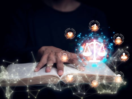 Justice lawyers with Judge gavel, Businessman in suit or lawyer Hiring lawyers in the digital system. Legal law, prosecution, legal adviser, lawsuit, detective, investigation,legal consultant.. photo