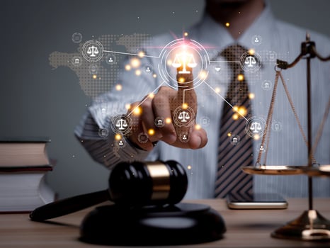 Justice lawyers with Judge gavel, Businessman in suit or lawyer Hiring lawyers in the digital system. Legal law, prosecution, legal adviser, lawsuit, detective, investigation,legal consultant photo