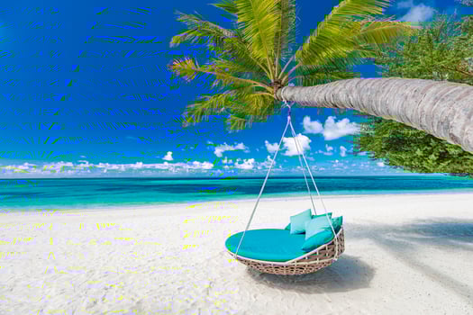 Leisure lifestyle concept. Tropical beach background as summer landscape with sunny beach swing or hammock, white sand and calm sea for beach banner. Tranquil beach scene vacation and summer holiday photo
