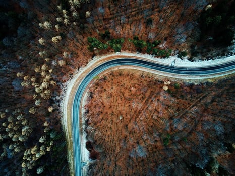 Landscape with winding road through forest, aerial view photo