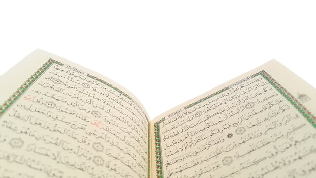 Open Quran pages with white background. Surah Al Baqarah. Arabic letters. Selective focus on letters. Al-Quran is a holy book of Islamic guidance isolated. Religion concept. photo