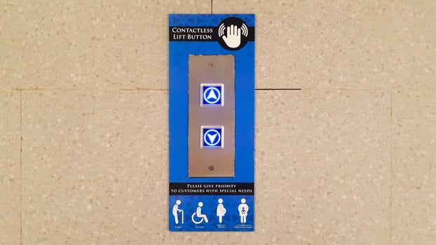 Elevator Button up and down direction. Contactless lift button with sign of priority people. elderly, disabled, pregnant woman, and person with children and infant. photo
