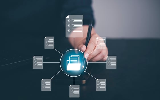 Hand using laptop and touch folder of document Management System, online documentation database and process automation to efficiently manage files work, knowledge, Corporate business technology, photo