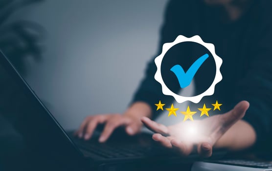 Hand touch Customer review satisfaction feedback survey for five star concept, User give rating to service experience on online application, service leading to reputation ranking of business. photo