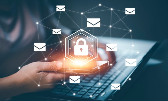 Businesswoman holding smartphone with communication icons, letter icon, email icons, and newsletter email and protect your personal information or spam mail, Customer service call center contact. photo