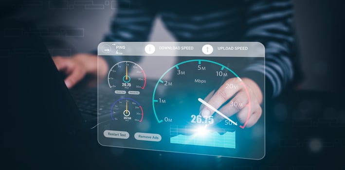 Fast internet connection with Metaverse technology concept, Hand holding smartphone and Virtual screen of Internet speed measurement,Internet and technology concept, 5G Hi speed internet concept photo