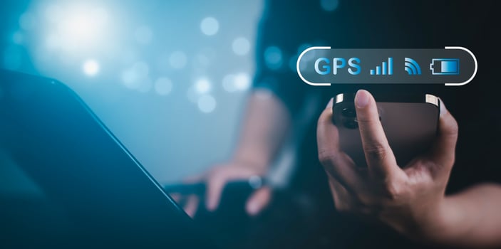 Concept with Smartphone with Modern creative telecommunication and internet network connect in smart city, gps navigation map icon on blur road background, technology lifestyle and business travel. photo