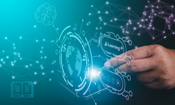 Concept E-learning education, Businessman hand touch Online Education icon on virtual screen. internet lessons and online webinar, online lessons on a digital screen.Education internet Technology. photo