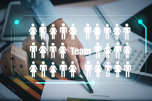 Businessman hand hold Graph Human or people icon on the white background,Technology Process System Business with Recruitment, Hiring, Team Building. Organisation structure, Teamworks photo