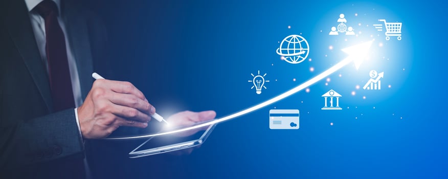 Startup arrow concept with icon business and network connection on modern virtual interface from digital tablet.Businessman Touching tablet and graph Screen Icon of media screen, Technology Process photo