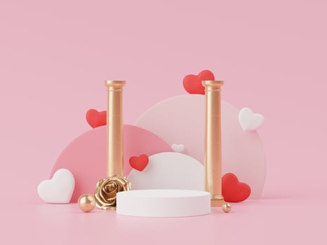 Happy Valentines Day. Minimal sweet love scene with display podium for mock up and product brand presentation. Pink Pedestal stand. Cute lovely heart background. Love day's design style. 3D render. photo