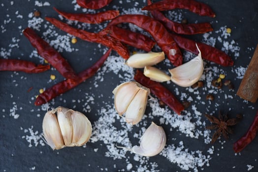 dried chilli garlic herbs and spices with salt on dark background photo