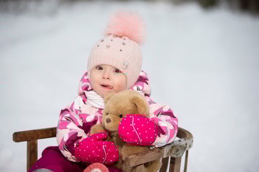 A little girl sits in a wooden sled with a teddy bear in winter. photo