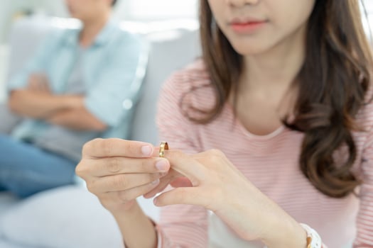 Divorce. Woman remove married ring. Couples desperate and disappointed after marriage. Husband wife sad, upset and frustrated after quarrels conflict. distrust, love problems, betrayals, family, lover photo