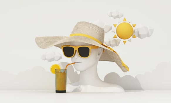 summer vacation concept with sunglasses and suitcase with clouds in the background along abstract women face model, fashion clothes, swimwear with copy space banner product stand display. 3d rendering photo