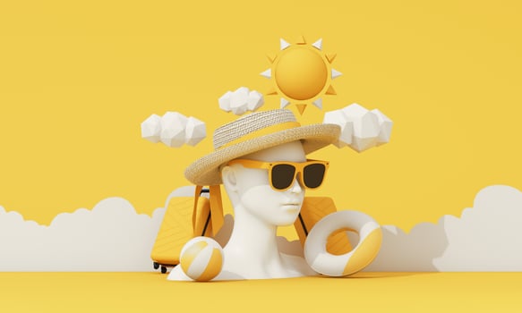 summer vacation concept with sunglasses and suitcase with clouds in the background along abstract women face model, fashion clothes, swimwear with copy space banner product stand display. 3d rendering photo