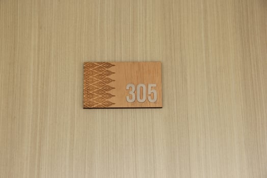 Wooden apartment, home, or hotel door floor number 305 isolated on wood wall with rectangle shaped template. photo
