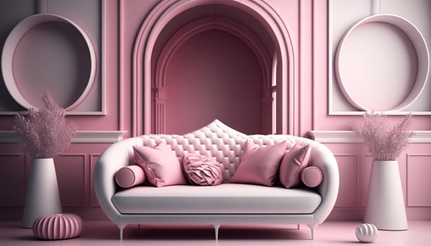 Valentine modern interior room have white pink sofa color and element home decor for valentine's day generative ai. photo