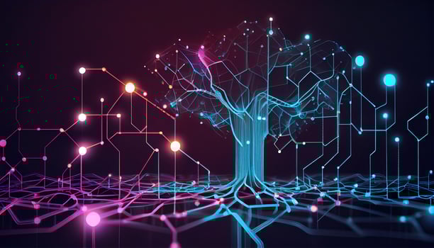 Cyber big data flow. Blockchain data fields. Brain network line connect stream. Concept of AI technology, digital communication, science research, neural cells generative ai. photo