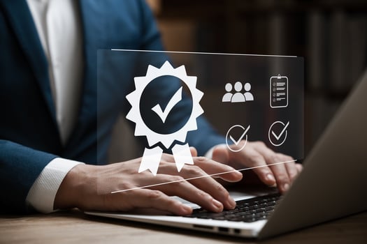 The company's product quality certificate is compliant, the check mark symbol represents the standard quality control. Businesses and companies. photo