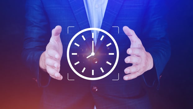 Businessman holding clock digital interface with icon, Business time management, Business time management and business plans concepts, idea and concept of the schedule of the daily routine photo
